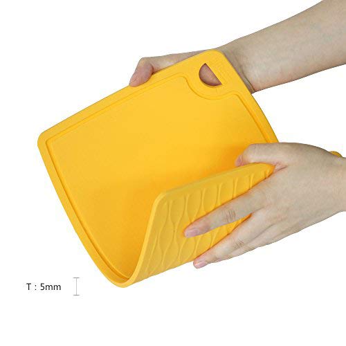 Thick Silicone Cutting Board 12.6'' x 9.1'' Juice Grooves Easy Grip Handle Dishwasher Safe (12.6"L x 9.1"W / Yellow)