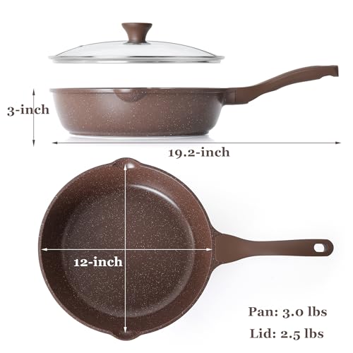 Nonstick Deep Frying Pan Skillet (Toffee Brown / 12-inch/5QT)