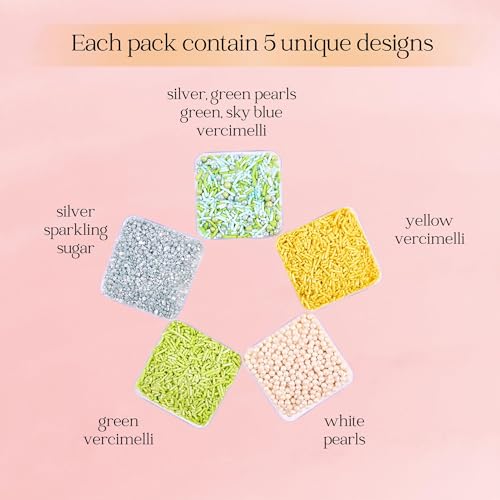 Edible Sprinkles for Cakes & Cupcakes Decoration Assorted pack of 5 Summer Fun Sprinkles Mix White Dragees Green Yellow Blue Jimmies Silver Sparkling Sugar (5 Ounce)