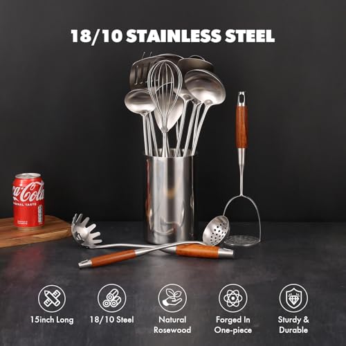 15” Metal Kitchen Utensils Set with RooseWood Handle (14-Pieces)
