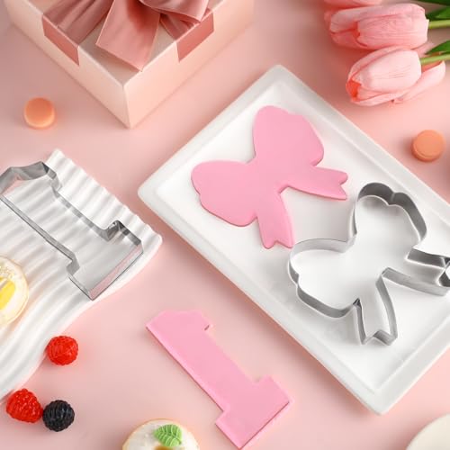 Pink Bow Birthday Party Supplies 2 Pcs 5 Inch Bow Cookie Cutter Number One Cookie Cutter Baking Mold Metal Sandwich Pancake Fondant Cake Mold First Birthday First Anniversary Wedding Party (Bow)