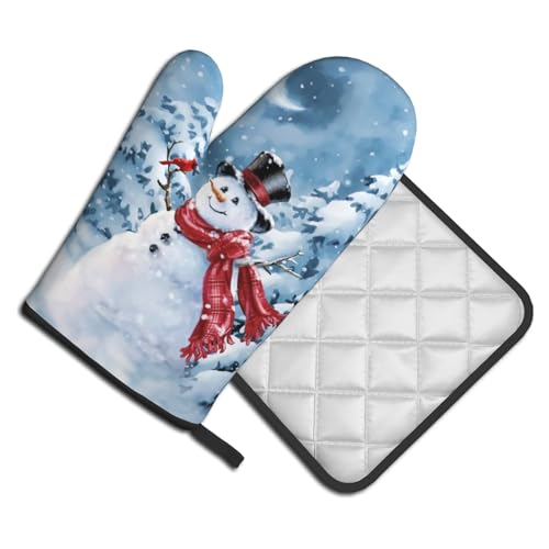 Blue Snowman Oven Mitts and Pot Holder Set of 2 Winter Snow Kitchen Gloves Potholders Heat Resistant for Chef Baking Cooking Grilling BBQ (Blue Snowman)