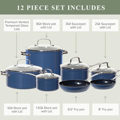 Healthy Duralon Blue Ceramic Nonstick Cookware Set (Deep Blue / 12pc Cookware Set / Cookware Set)