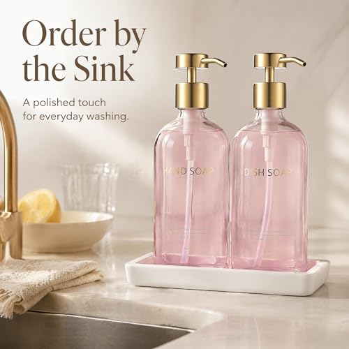 Glass Kitchen Soap Dispenser Set with Ceramic Tray (Pink Bottles + Gold Pumps)