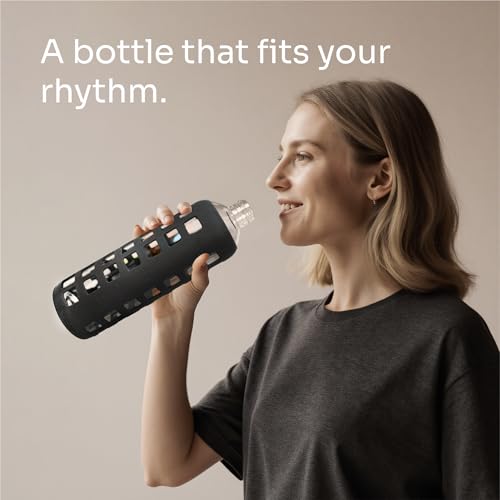 40oz / 32oz / 22oz / 12oz Borosilicate Glass Water Bottle with Time & Volume Markers, Silicone Sleeve, Stainless Steel Lid | Reusable Glass Bottle for Water & Juice (32oz Jet Black) (Jet Black (1 Count) / 32 Ounces)