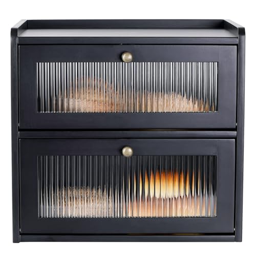 Bread Box for Kitchen Countertop Wooden Bread Storage Container Bin 2 Layer Breadbox Holder Large Capacity Keeper Vintage Farmhouse Food Organizer Pantry Shelf Acrylic Window（Black） (Black)