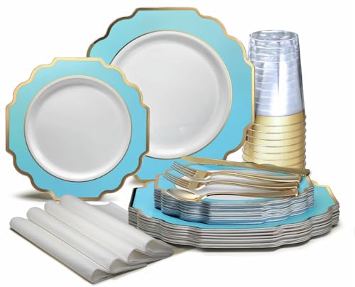 OCCASIONS Disposable Plastic Plates for 40 Guests (320 Piece (40 Guest) / G. Imperial Aqua & Gold)