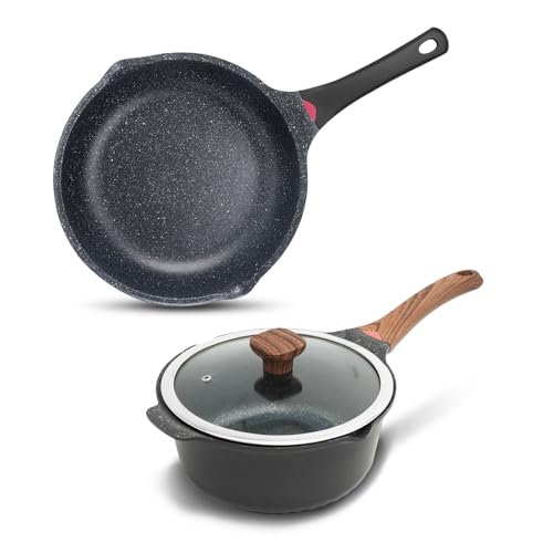 4QT Sauce Pan & 12.5IN Skillet Set with Lids (Black / 4 Quarts + Skillet)