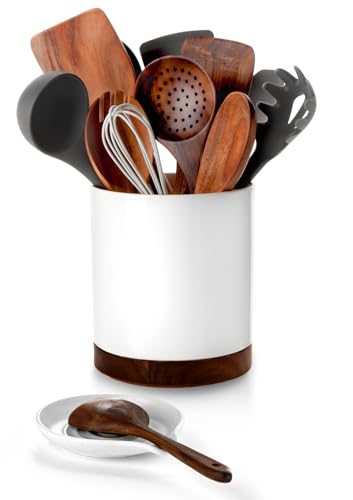 Ceramic Rotating Utensil Holder with Spoon Rest for Kitchen Counter White (White & Spoon Rest)