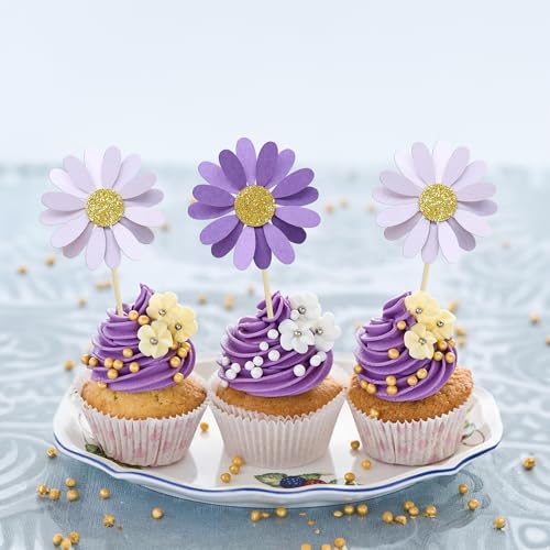 24Pcs Purple Daisy Cupcake Toppers Flower Cake Toppers Daisy Cake Decorations Chrysanthemum Cupcake Toppers Spring Daisy Flower Cake Picks for Birthday Wedding Supplies (24 Count)