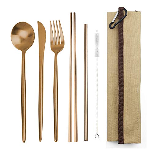 Portable 6 Pieces Flatware Set (Beige Pouch / Rose Gold)