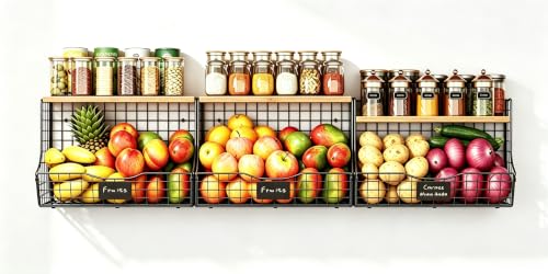 3 Pack Extra Large Fruit Basket for Kitchen with Wood Lid Nameplate (3pcs*15.72"*8.66"*10.63")