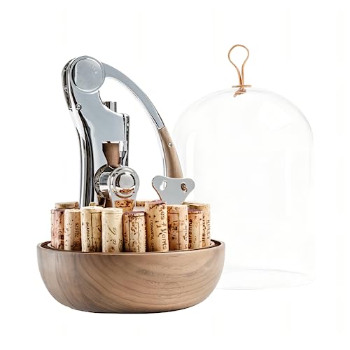 Oeno Motion Groom Corkscrew & Cork Dome Glass Cloche Display (Oeno Motion Wood and Chrome Deluxe)