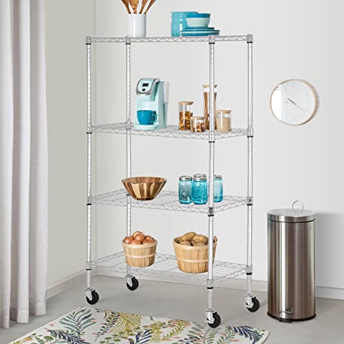4 Tier Wire Shelf with Wheels (Chrome / 36×14×62)