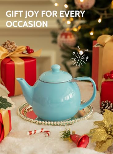 Teapot Porcelain Tea Pot with Stainless Steel Infuser (Turquoise / 27oz (with infuser))
