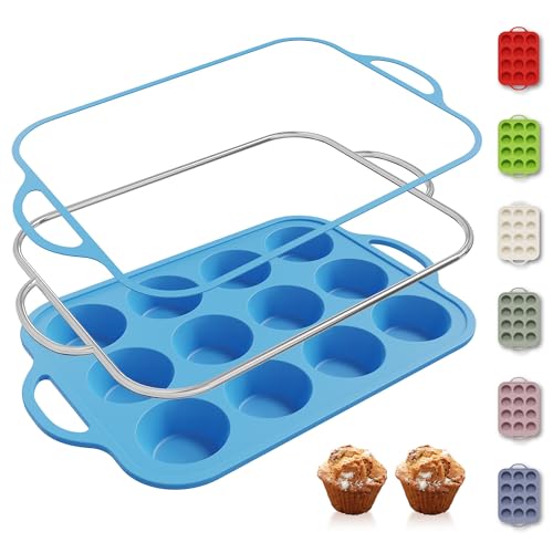 12 Cups Silicone Muffin Pan with Metal Reinforced Frame Regular Size Cupcake Pan Tray Egg Bites Silicone Circle Cookie Molds Muffin Tin Tray Tart Pans Kitchen Baking Mold Tools for Cooking (1pc: 12-Cup Regular / Blue)