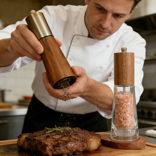 Wooden Salt and Pepper Grinder Set with Base And Acrylic Body Pepper Mill (Gold-Brown+Acrylic)