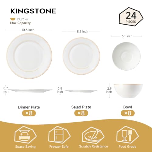 24Pcs Gold Trim White Bone China Set (White-gold trim / service for 8-24pcs)