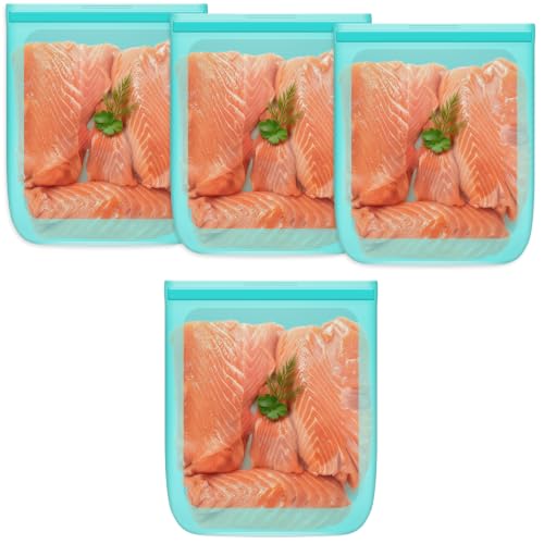 100% Silicone Reusable Gallon Freezer Bags (Aqua| Gallon | 4 Pack Flat)