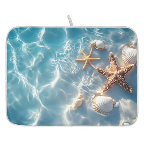 Starfish and Seashell on The Summer Beach Dish Drying Mat for Kitchen Counter Absorbent Microfiber Small Drying Pad Dish Mats for Kitchen Countertops 16 x 18 Inch (18" x 16")