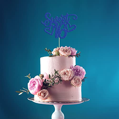 1Pc Sweet Teenager 16 Cake Topper Glitter 16th Birthday Cake Pick for Cheers to 16 Years Old 16th Birthday Party Cake Decorations Supplies Blue