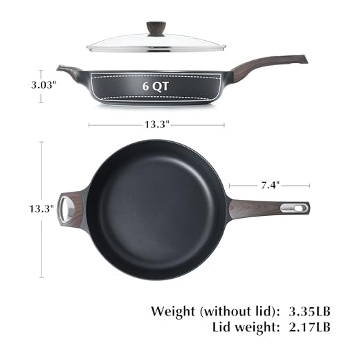 Nonstick Frying Pan Skillet with Lid (6QT / 13.3IN / Classic Black)