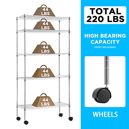 5 Tier Wire Shelf with Wheels (Chrome / 30×14×60)