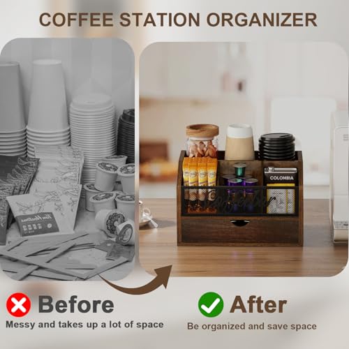 Coffee Station Organizer with Drawer for Countertop (Iron Mesh-Vintage Brown / 2 Tier)