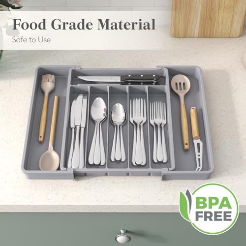 Expandable Silverware Drawer Organizer (Gray / Large (11-18''W x 14''D))