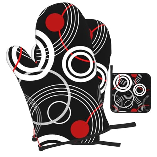 Modern Black Red Retro Oven Mitts and Pot Holders Sets of 3 (Black Red)
