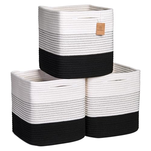Storage Cubes 11 Inch Cotton Rope Woven Baskets for Organizing (3-Tone Black)