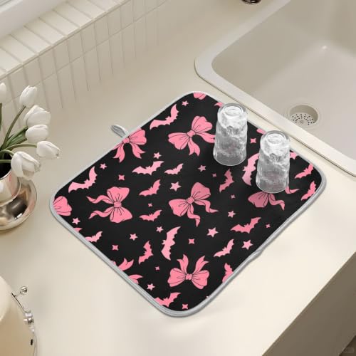Halloween Dish Drying Mat for Kitchen Counter Absorbent Microfiber Large Drying Pad Pink Bat Bow Dish Mats for Kitchen Countertops 18 x 24 Inch (Halloween Bat Bow / 24" x 18")