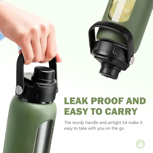 32 oz Glass Water Bottle with Straw and 2 Lids (Olive / 32 Ounces)