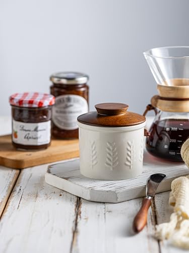 Butter Crock Ceramic Butter Dish with Lid for Countertop (White / Leaf-3.94"dia)