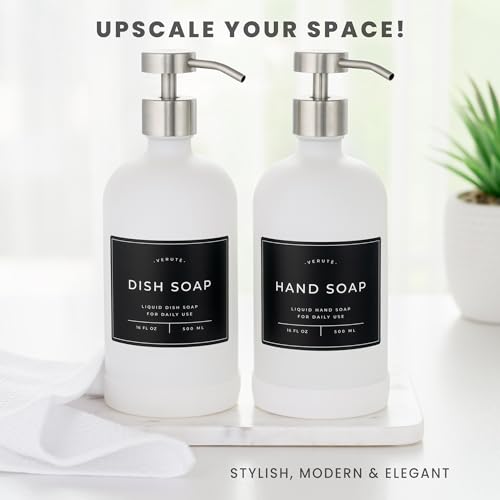 Hand and Dish Soap Dispenser for Kitchen and Bathroom (Matte White Bottle / Brushed Silver Pump)