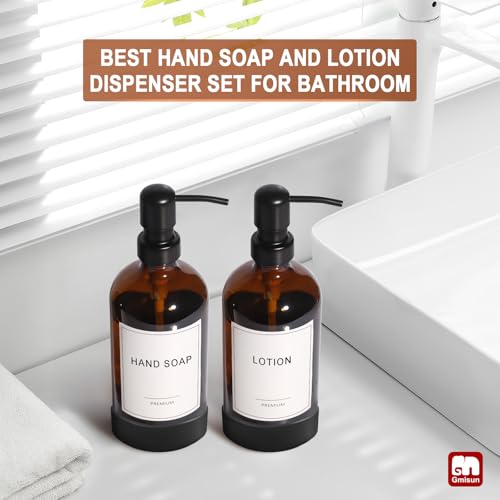 Amber Glass Soap Dispenser with Silicone Sleeve Boot (Amber Bottle + Black Pump + Silicone Boot / 2 Pack)