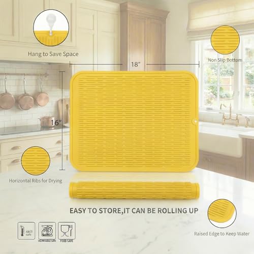 Silicone Dish Drying Mat for Multiple Usage (Yellow / 18"L x 16"W)