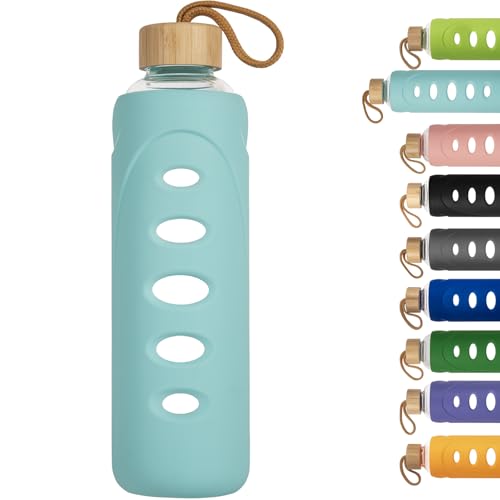 32 oz Narrow Mouth Glass Water Bottle with Windowed Silicone Sleeve (Cyan)