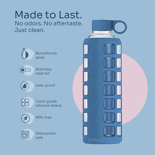 40oz / 32oz / 22oz / 12oz Borosilicate Glass Water Bottle with Time & Volume Markers, Silicone Sleeve, Stainless Steel Lid – Reusable Glass Bottle for Water & Juice (32oz Chinese Porcelain) (Chinese Porcelain (1 Count) / 32 Ounces)