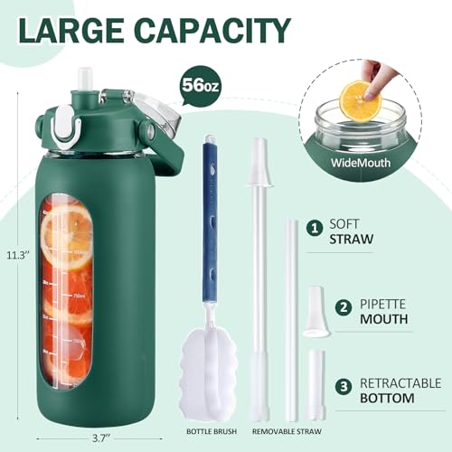 56oz Glass Water Bottles with Straw (Ink green / 56 Ounces)