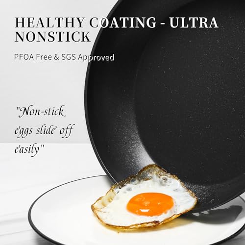 Nonstick Ceramic Frying Pans Skillets Set with Lid 8"+9.5"+11" (Black)