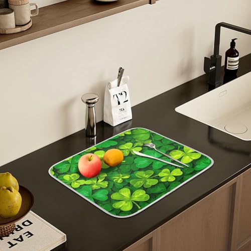 Patricks Day Shamrocks Lucky Clover Leaves Dish Drying Mat for Kitchen Counter Absorbent Microfiber Small Drying Pad Dish Mats for Kitchen Countertops 16 x 18 Inch (18" x 16")