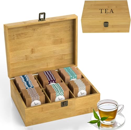 Tea Organizer Box Food Safe Chemical Free Bamboo Wood Storage Chest Big (6-Slot Rectangular / TEA Stamp)