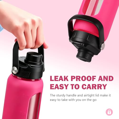 24 oz Glass Water Bottle with Straw and 2 Lids (Rose Red / 24 Ounces)