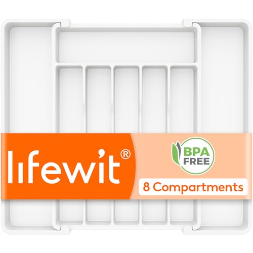 Expandable Silverware Drawer Organizer (White / Large (11-18''W x 14''D))