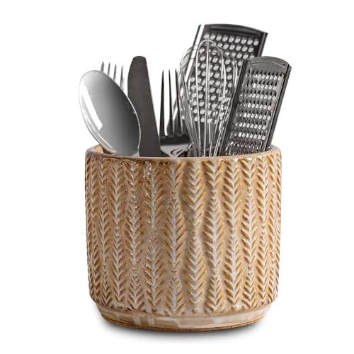 5.3 Inch Ceramic Utensil Crock Utensil Holder Countertop (Brown)