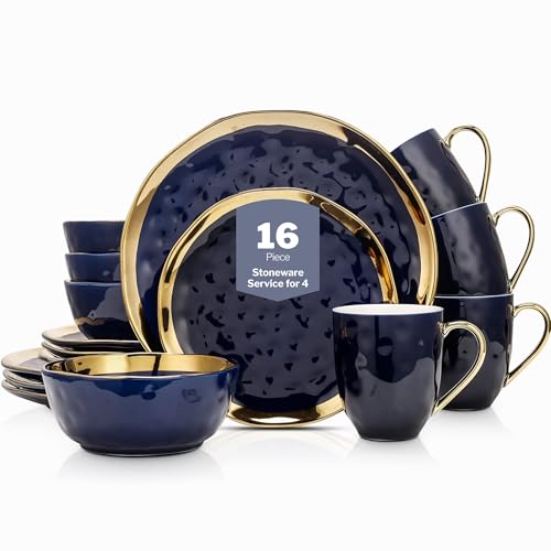 Porcelain 16 Piece Dinnerware Set (16-Pieces Service for 4 / Blue with Gold Rim)