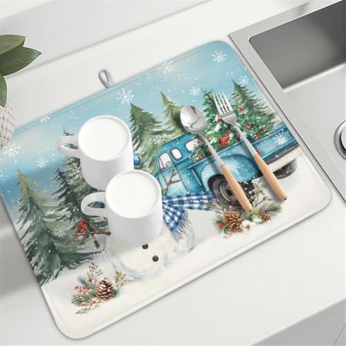 Winter Snowman Blue Dish Drying Mat Xmas Truck Dishes Pad 18"x24" Microfiber Absorbent Drainer Rack Mats Protector for Kitchen Counter Sink (Blue Snowman Truck / 18x24 inch)