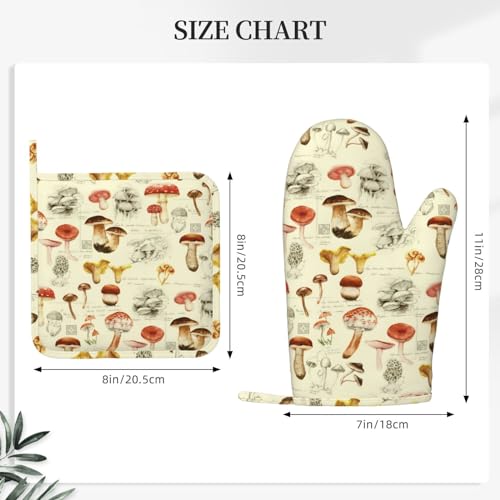 Mushroom Oven Mitts and Pot Holders Sets Silicone Vintage Mushrooms Kitchen Mitts Potholders Heat Resistant 4Pcs Oven Gloves Hot Pads for Kitchen Baking Cooking BBQ Grilling (Mushroom)