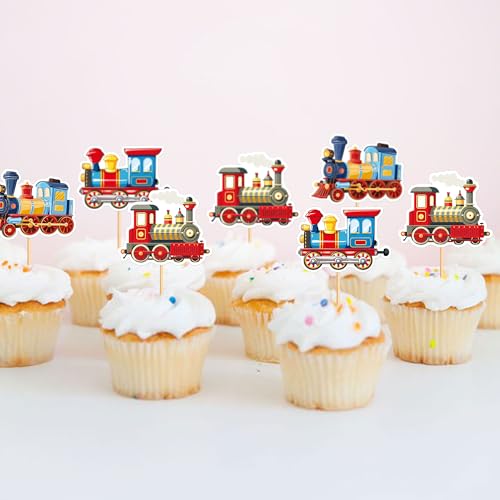 24Pcs Transportation Trains Cupcake Toppers Cartoon Vintage Locomotiv Cupcake Picks for Retro Train Boys Girls Funny Birthday Party Baby Shower Cupcake Decorations Train Transportation Party Decors (Red)